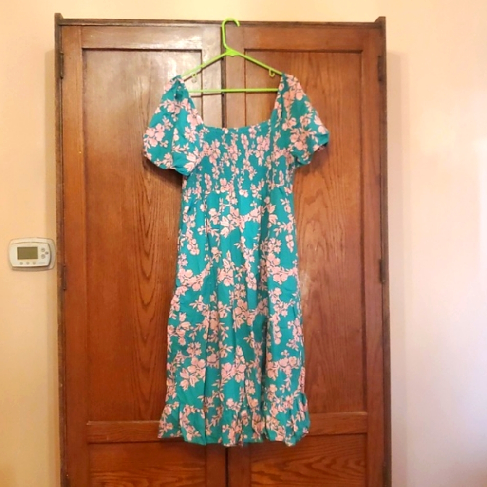 J CREW SIZE XL Floral Teal and Pink Women's Dress - Picture 5 of 15